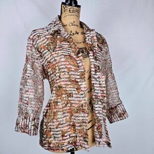 Mirasol Womens Large Sheer Floral Textured Stripe Blouse Brown 3/4 Sleeve
